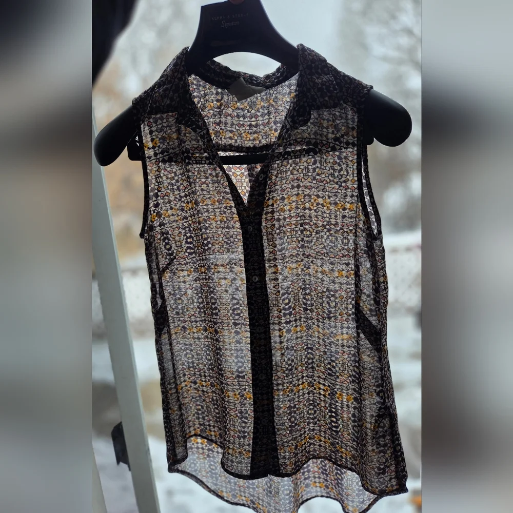 H&M Sheer Mosaic Boho Blouse Yellow & Blue Tile - Picture 5 of 9